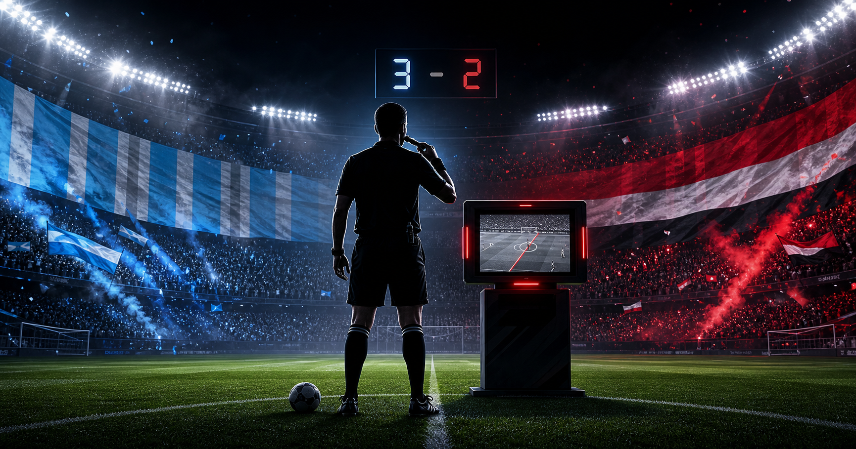 Illustration of a referee and VAR screen during a controversial Argentina-Egypt World Cup match