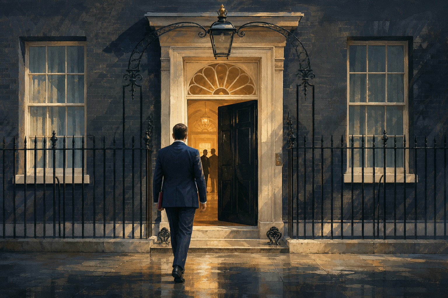 Editorial illustration of a new British prime minister approaching 10 Downing Street