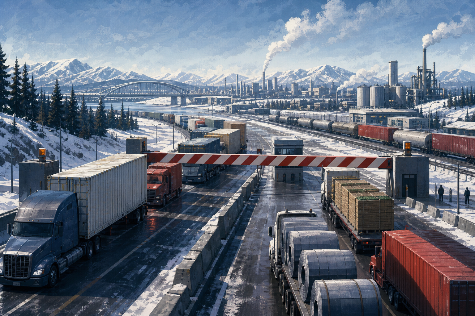 Editorial illustration of freight trucks halted at a tense United States-Canada border crossing