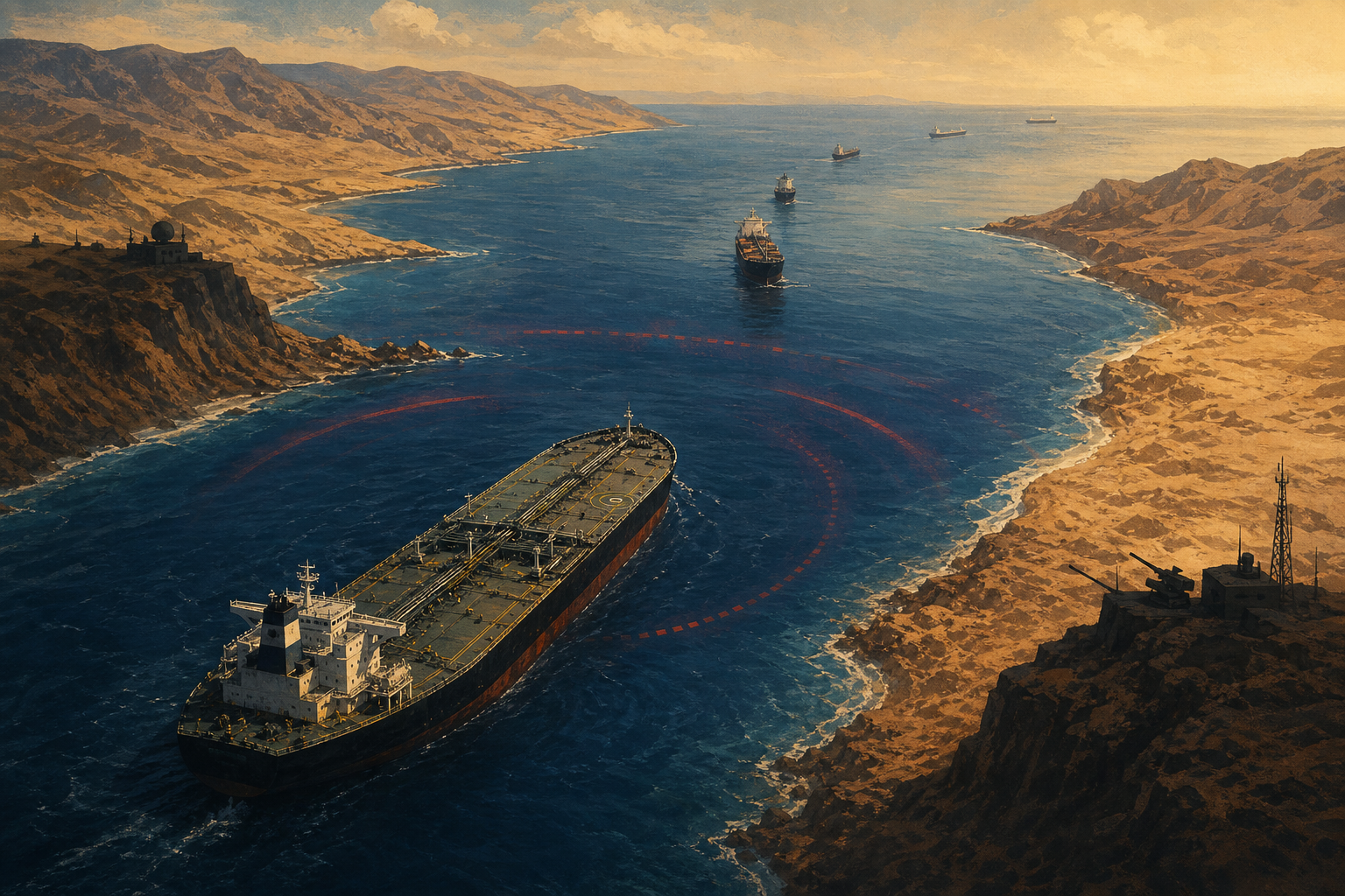 Editorial illustration of an oil tanker approaching the narrow Bab el-Mandeb shipping route under warning lights