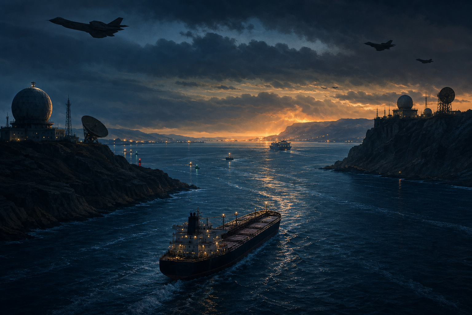 Editorial illustration of an oil tanker crossing a tense narrow strait beneath distant aircraft and coastal radar sites