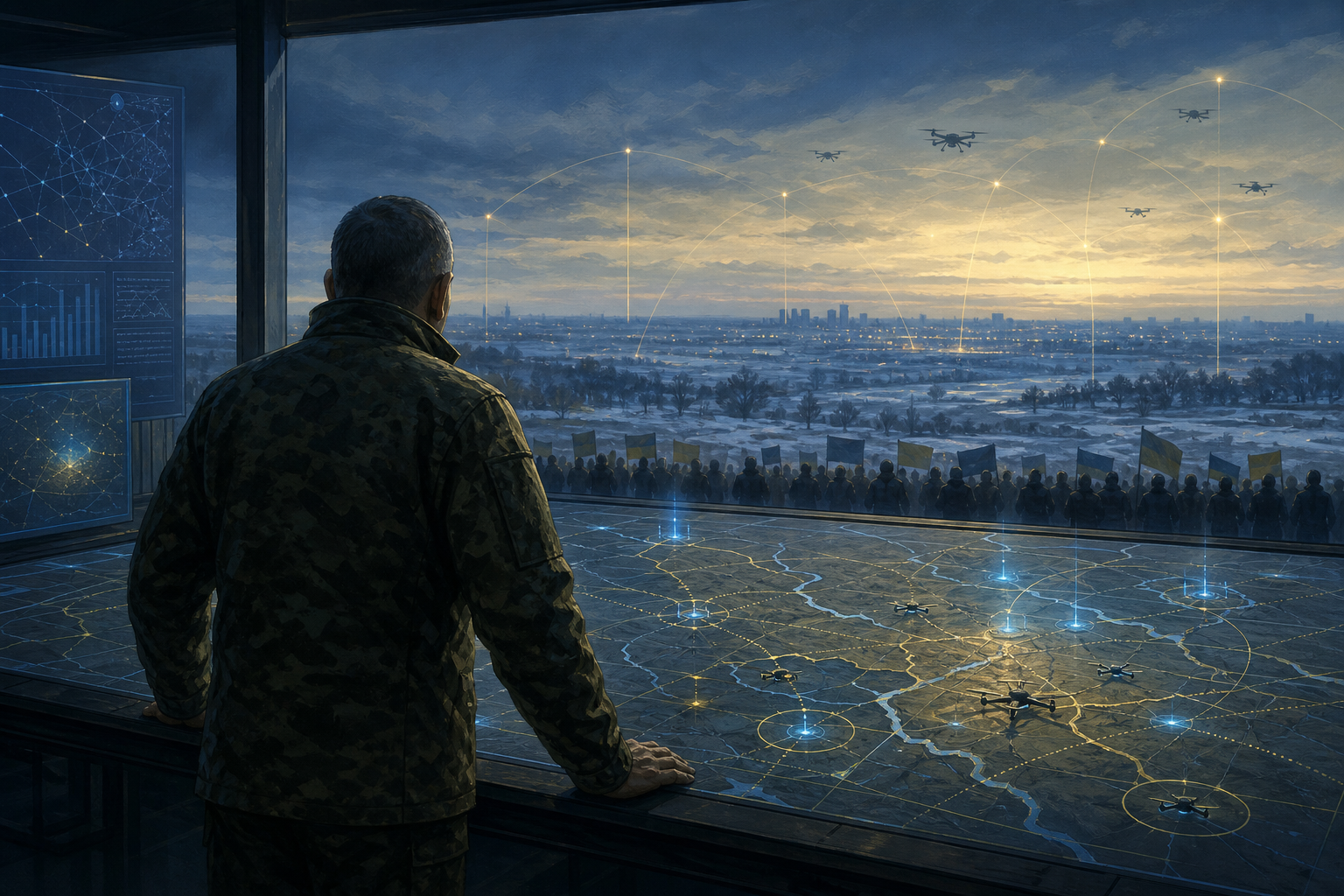 Editorial illustration of an anonymous military commander studying a drone and air-defence map as demonstrators gather beyond a command room