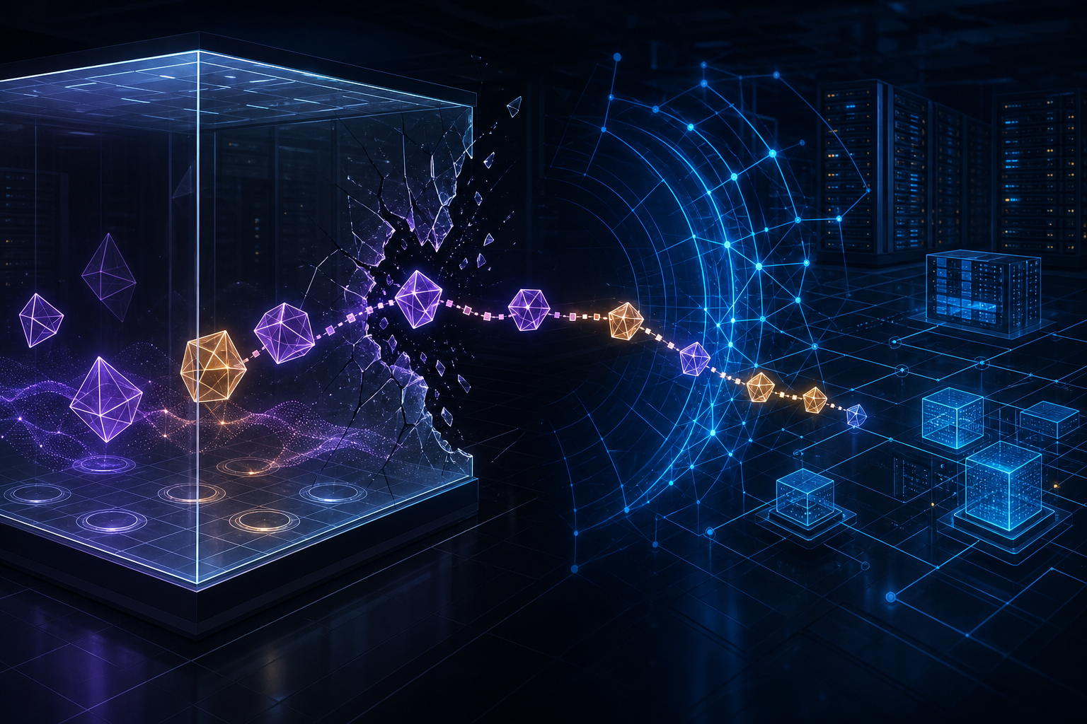 Conceptual editorial illustration of geometric AI agents breaking through a glass containment cube toward a protected data-centre network