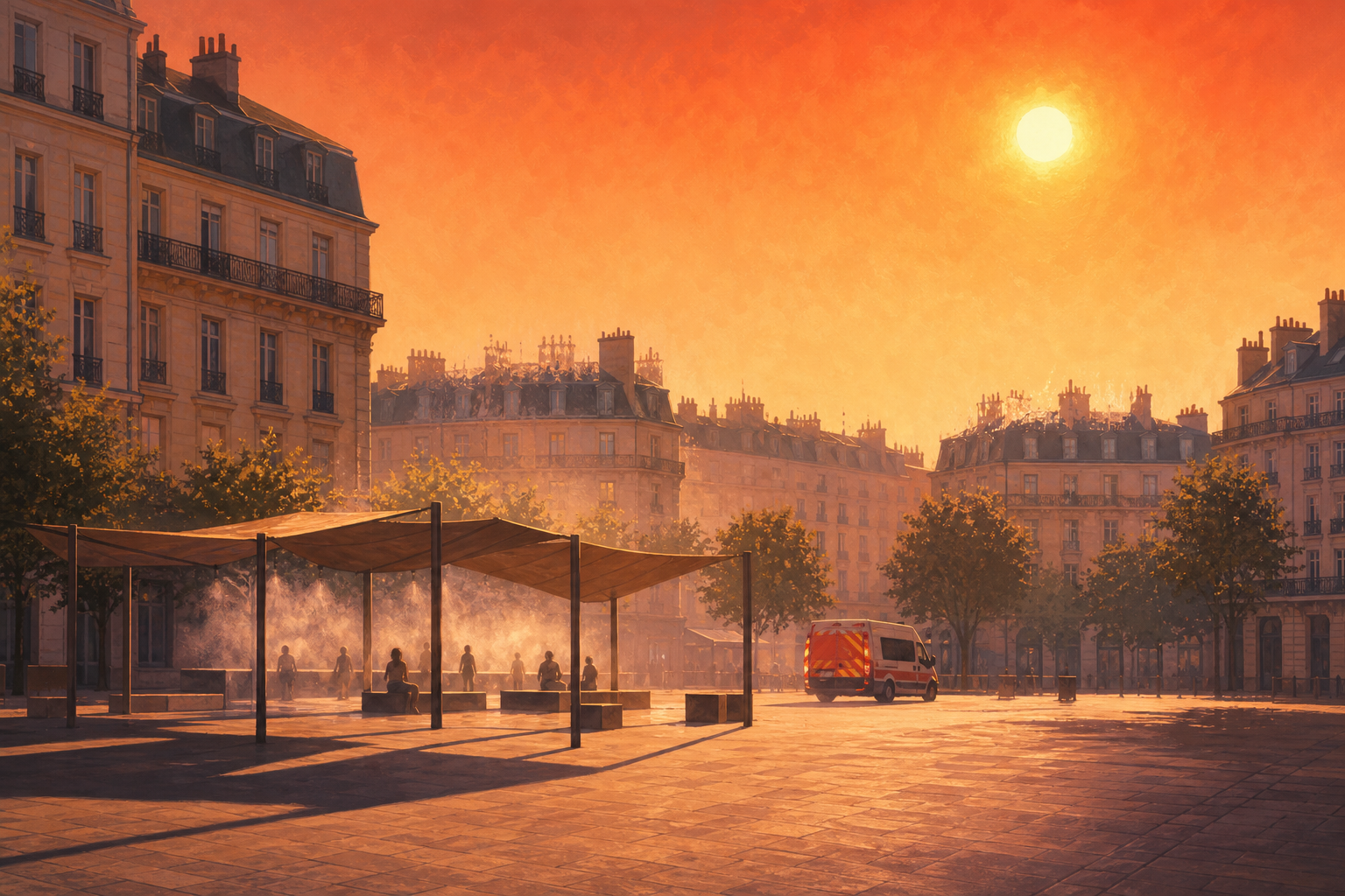 Editorial illustration of people sheltering beneath a misting canopy in a French city plaza during extreme heat as an emergency vehicle stands nearby