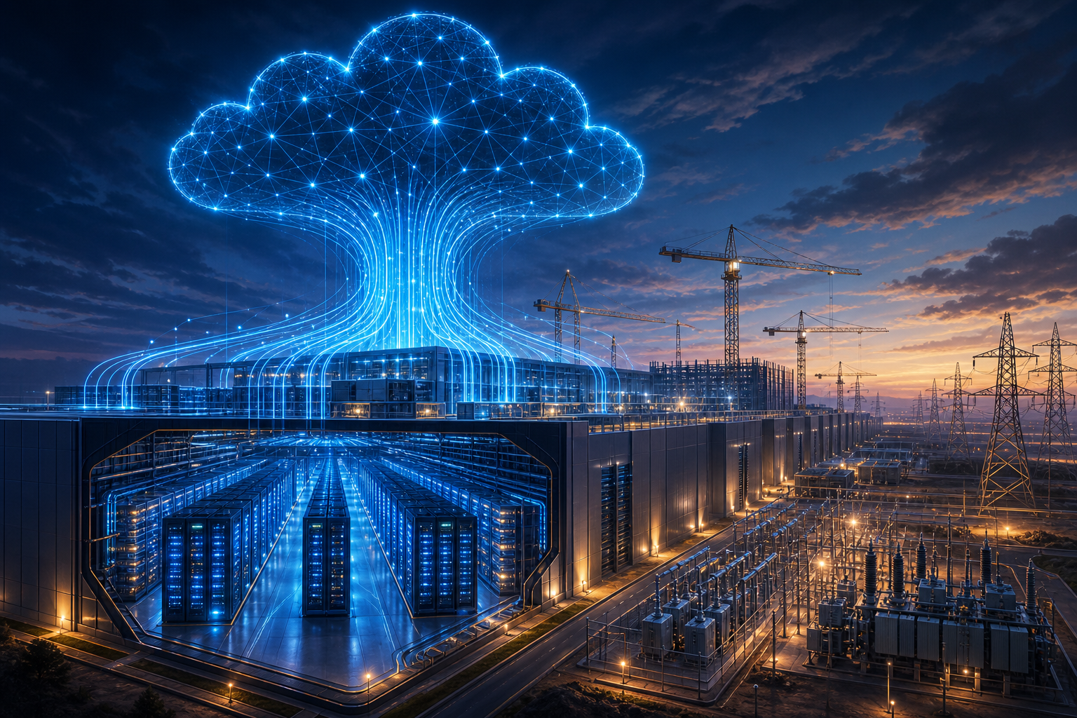 Editorial illustration of a vast AI data-center campus, electrical substations and construction cranes beneath a glowing cloud network