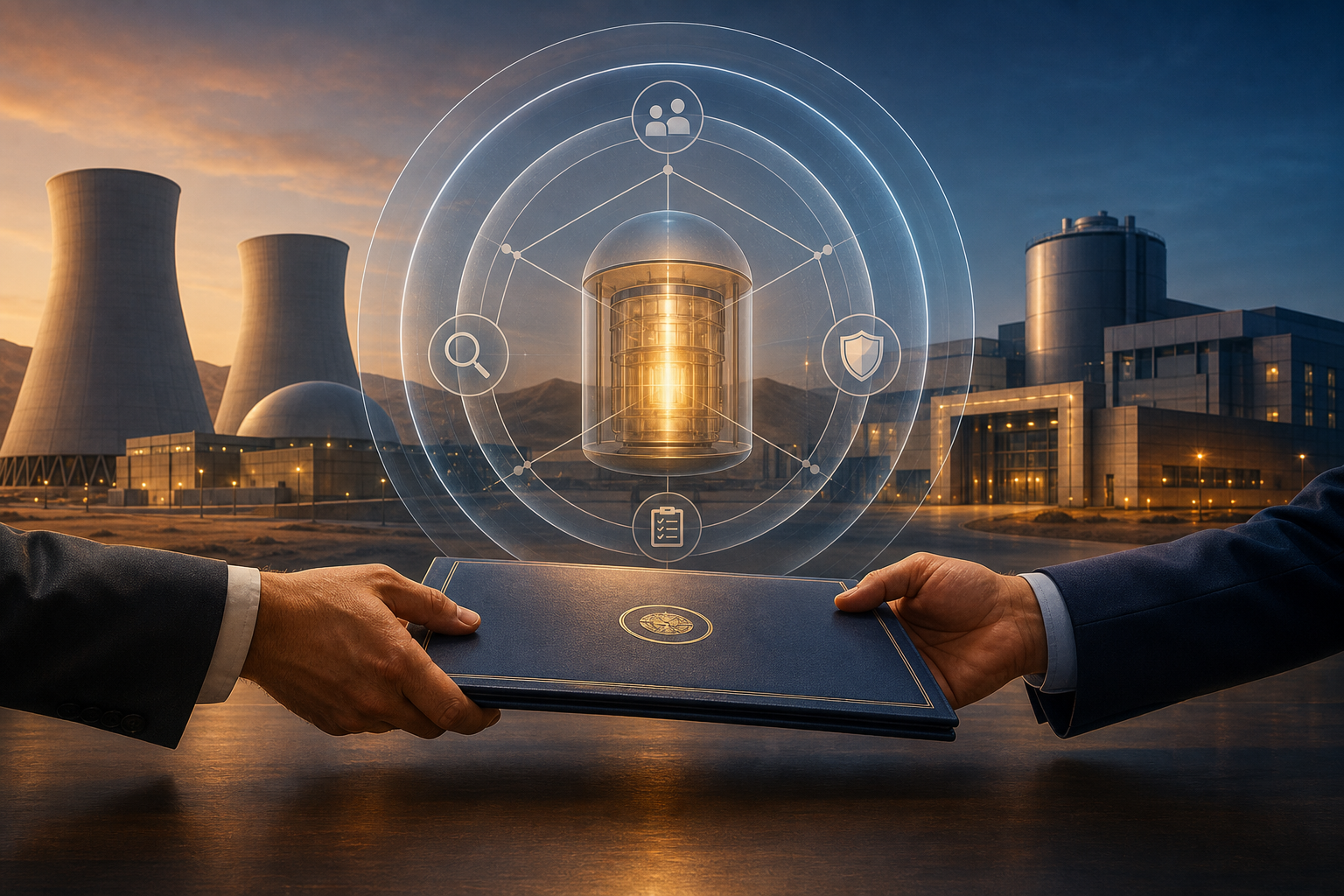 Editorial illustration of a conceptual Saudi nuclear power plant beside an unsigned agreement folder and layered safety rings