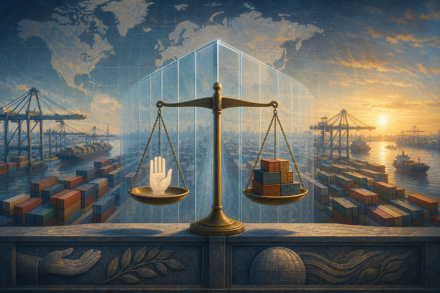 Editorial illustration of global cargo containers balanced against a human-rights symbol at a customs barrier