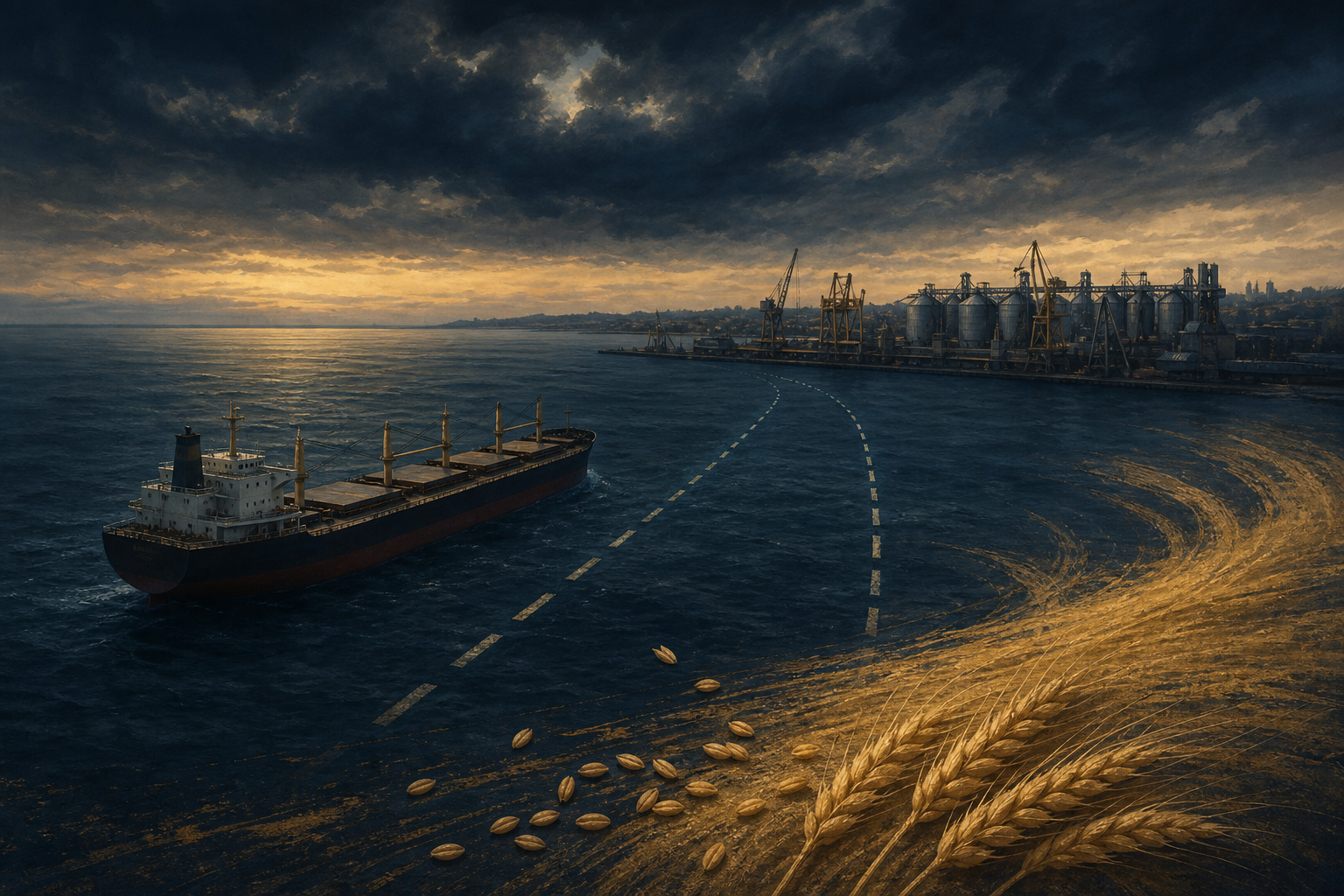 Editorial illustration of a grain carrier holding offshore from a darkened Black Sea port and empty shipping channel