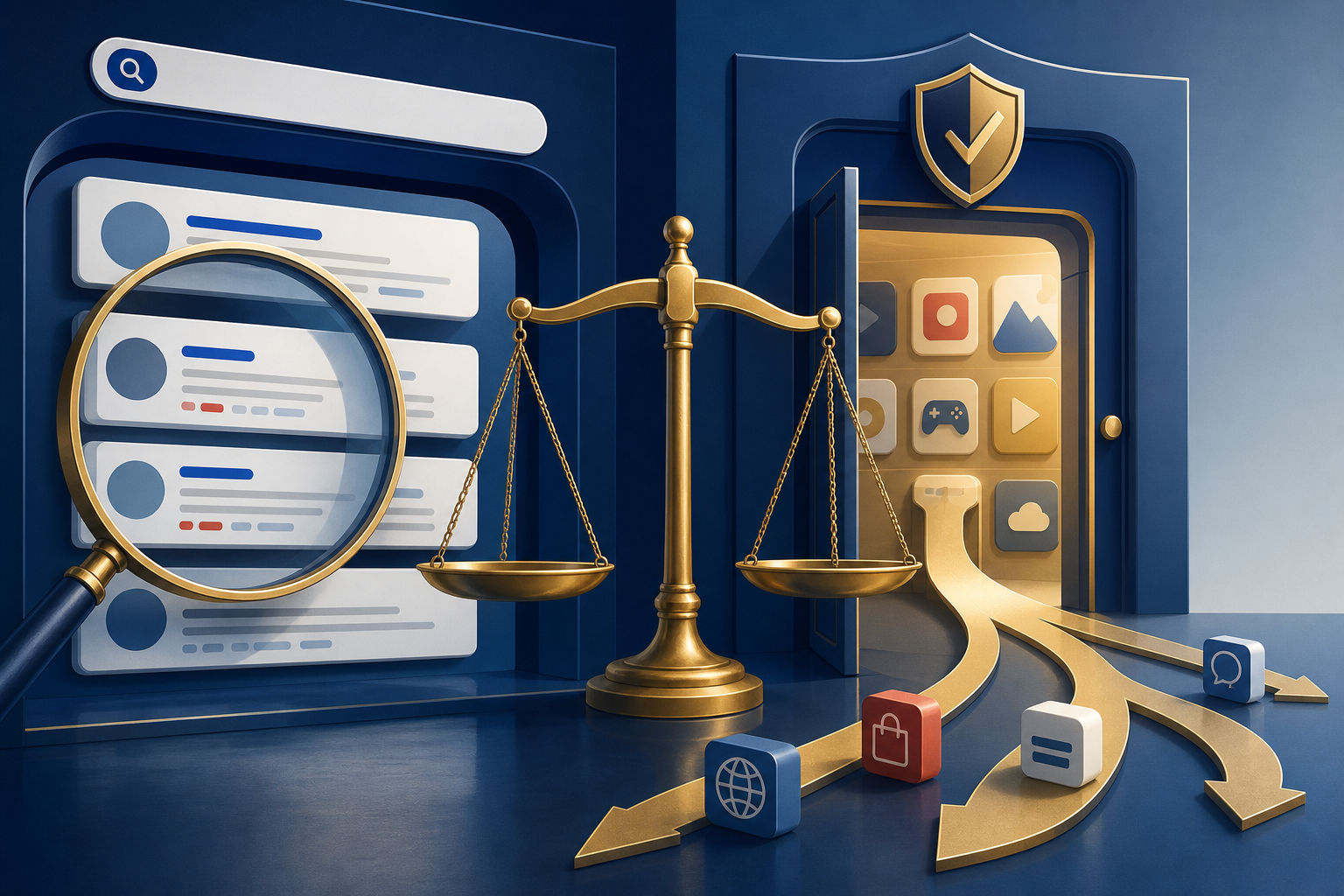 Editorial illustration of search results and an app marketplace balanced under a digital regulatory gateway