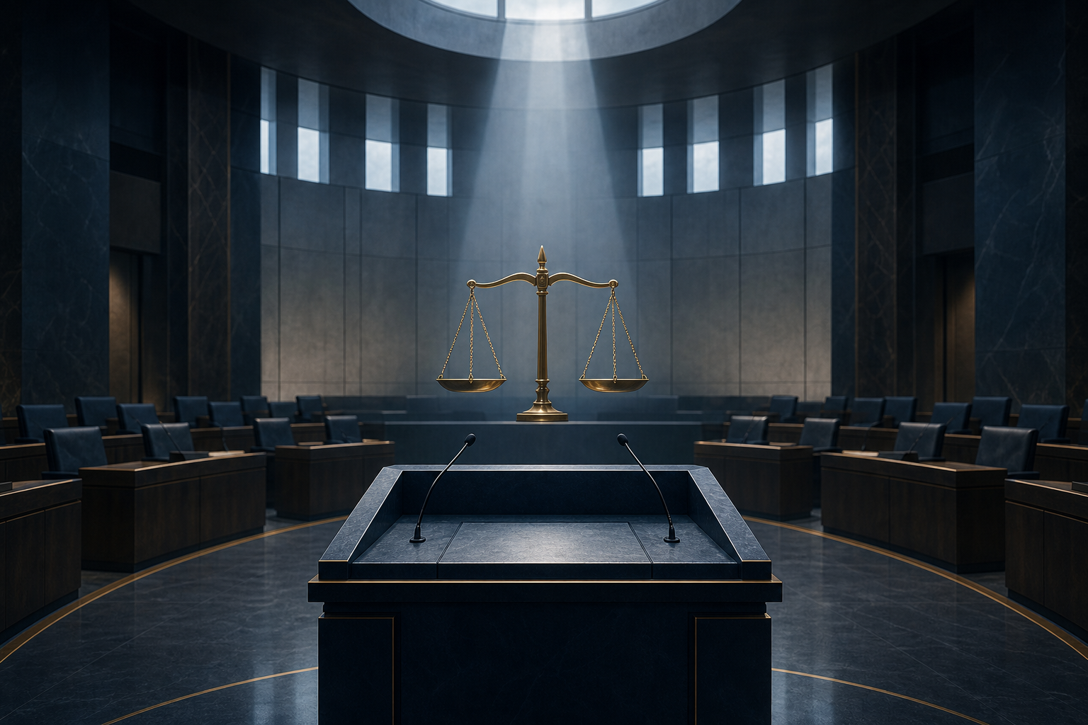 Editorial illustration of an empty prosecutor’s lectern and scales of justice inside an international courtroom