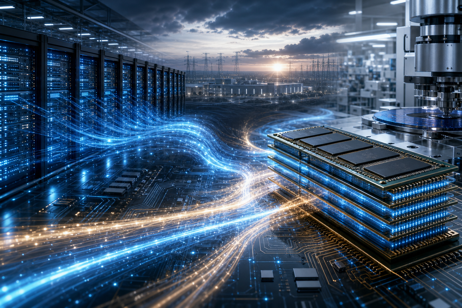 Editorial illustration of an advanced AI data center connected to semiconductor memory production in South Korea