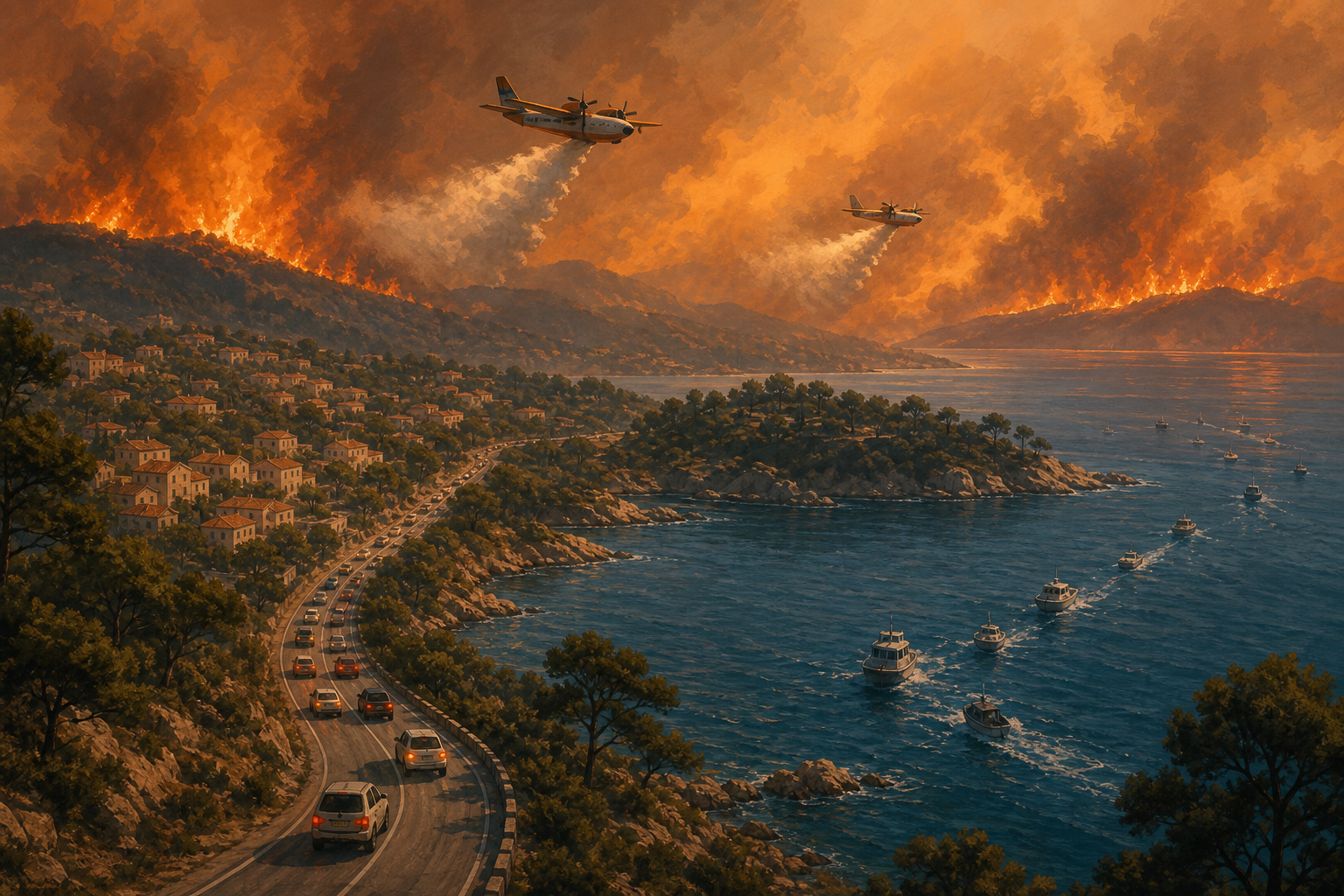 Editorial illustration of wildfire fronts advancing through pine forests as evacuee traffic and boats leave coastal France and central Spain