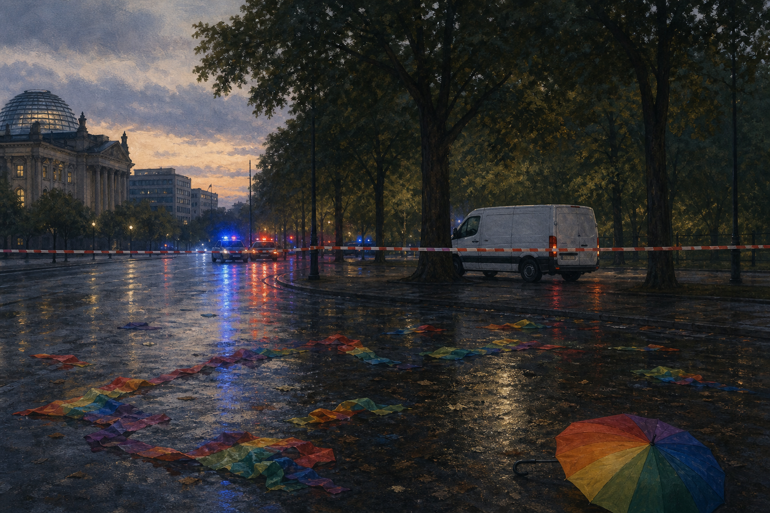 Editorial graphic showing emergency lights, a white vehicle silhouette and rainbow colours near Berlin’s Tiergarten