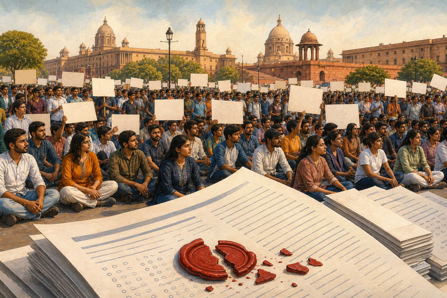 Editorial illustration of young Indian protesters with blank placards behind examination papers and a broken seal in New Delhi