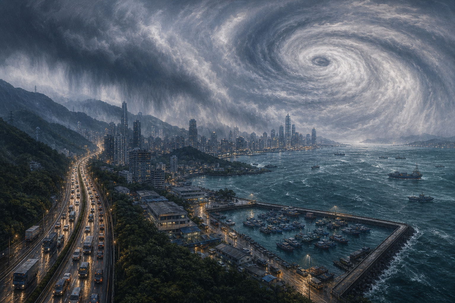 Editorial illustration of Typhoon Noul over the Guangdong coast, with evacuation traffic and boats in a sheltered harbour