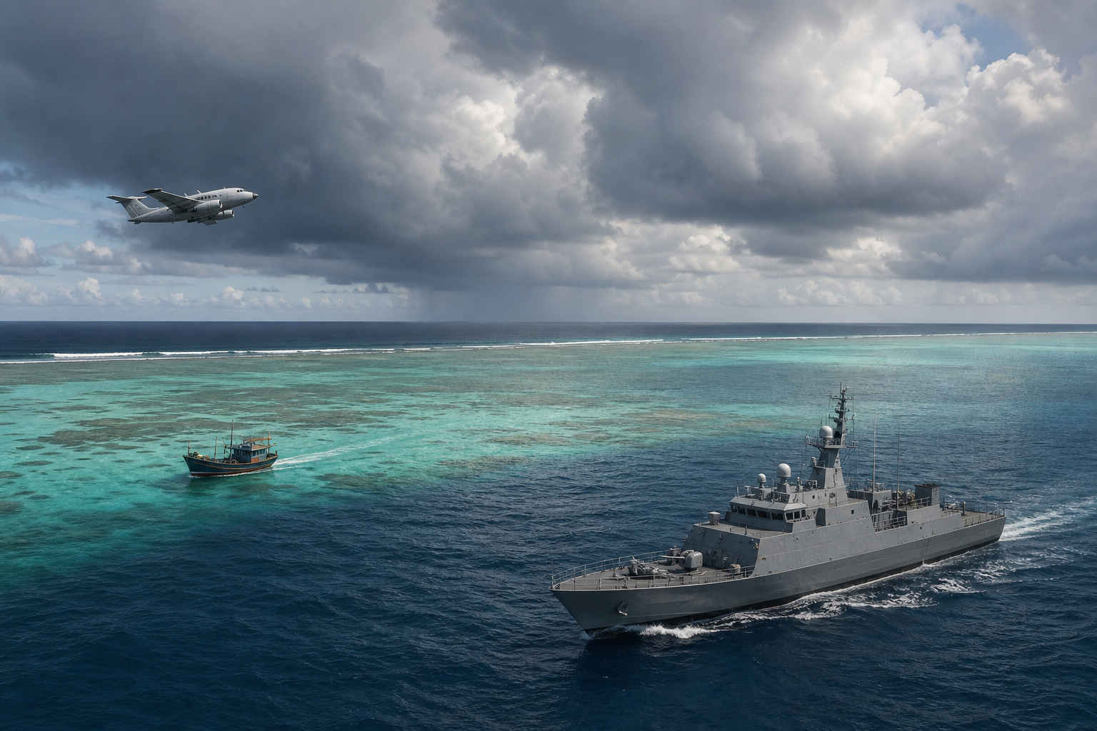 Editorial illustration of a naval patrol ship, military aircraft and fishing boat near a tropical shoal