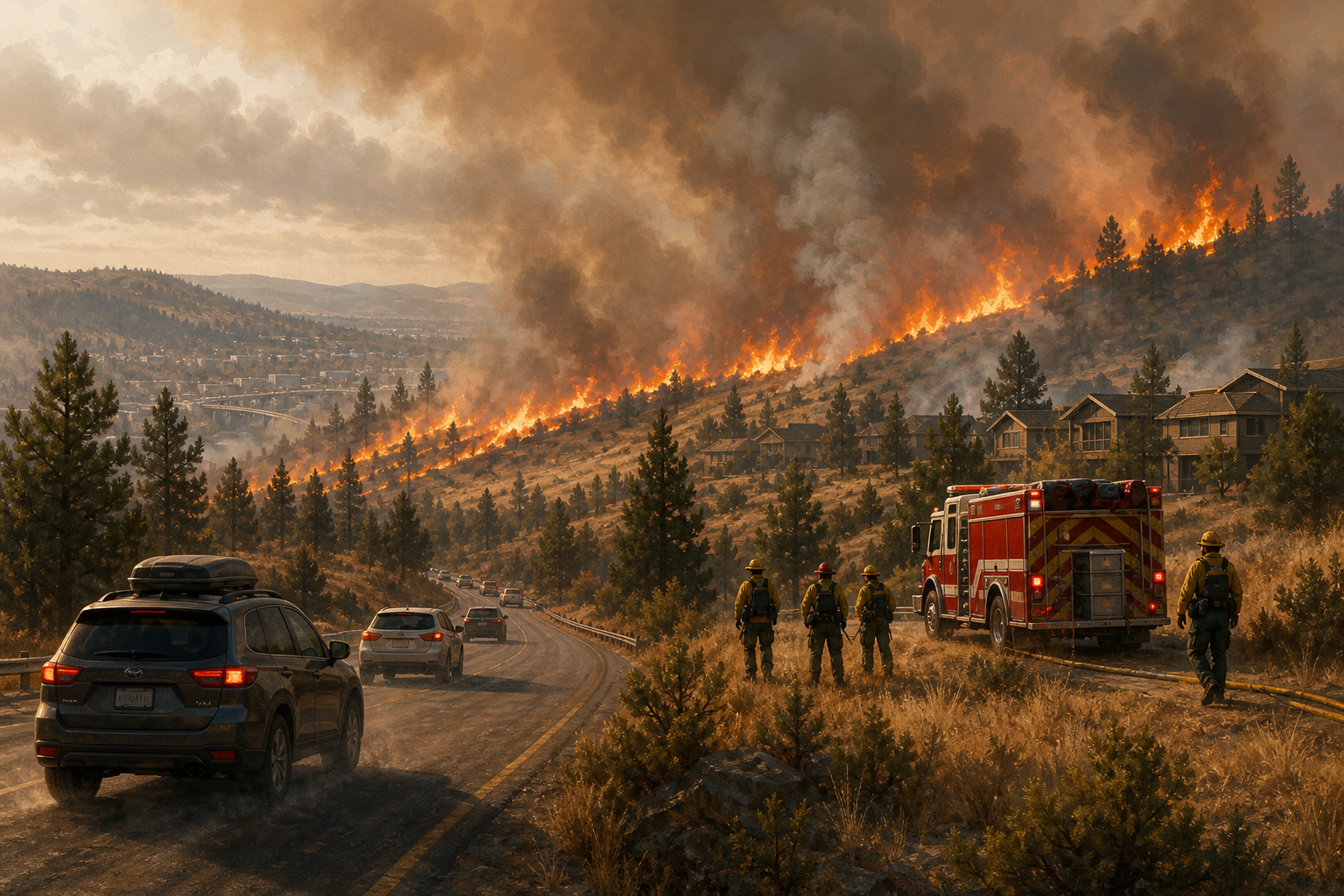 Editorial illustration of residents evacuating as firefighters confront a wildfire near Spokane