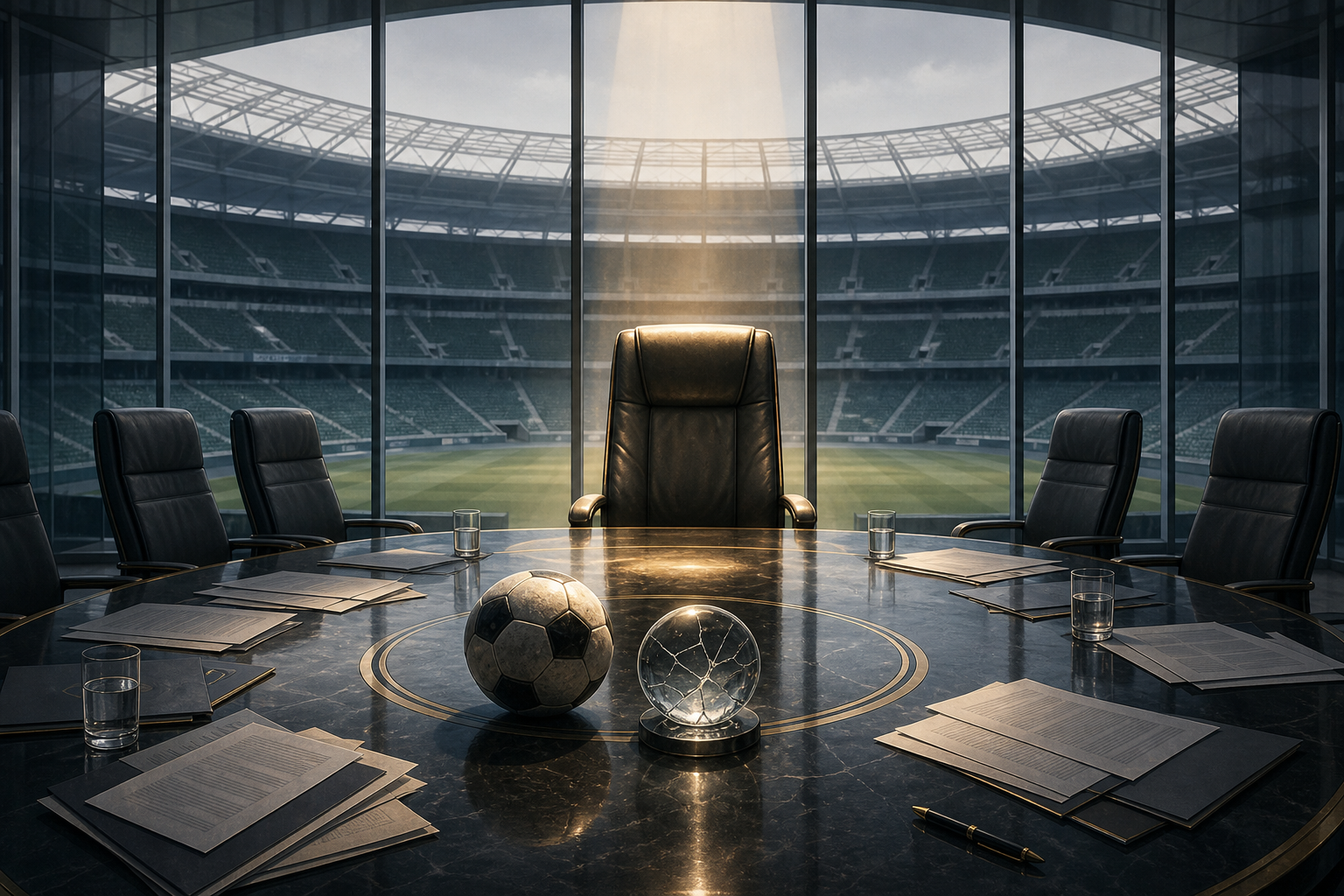 Editorial illustration of an empty football leadership chair overlooking a stadium and fractured governance symbol