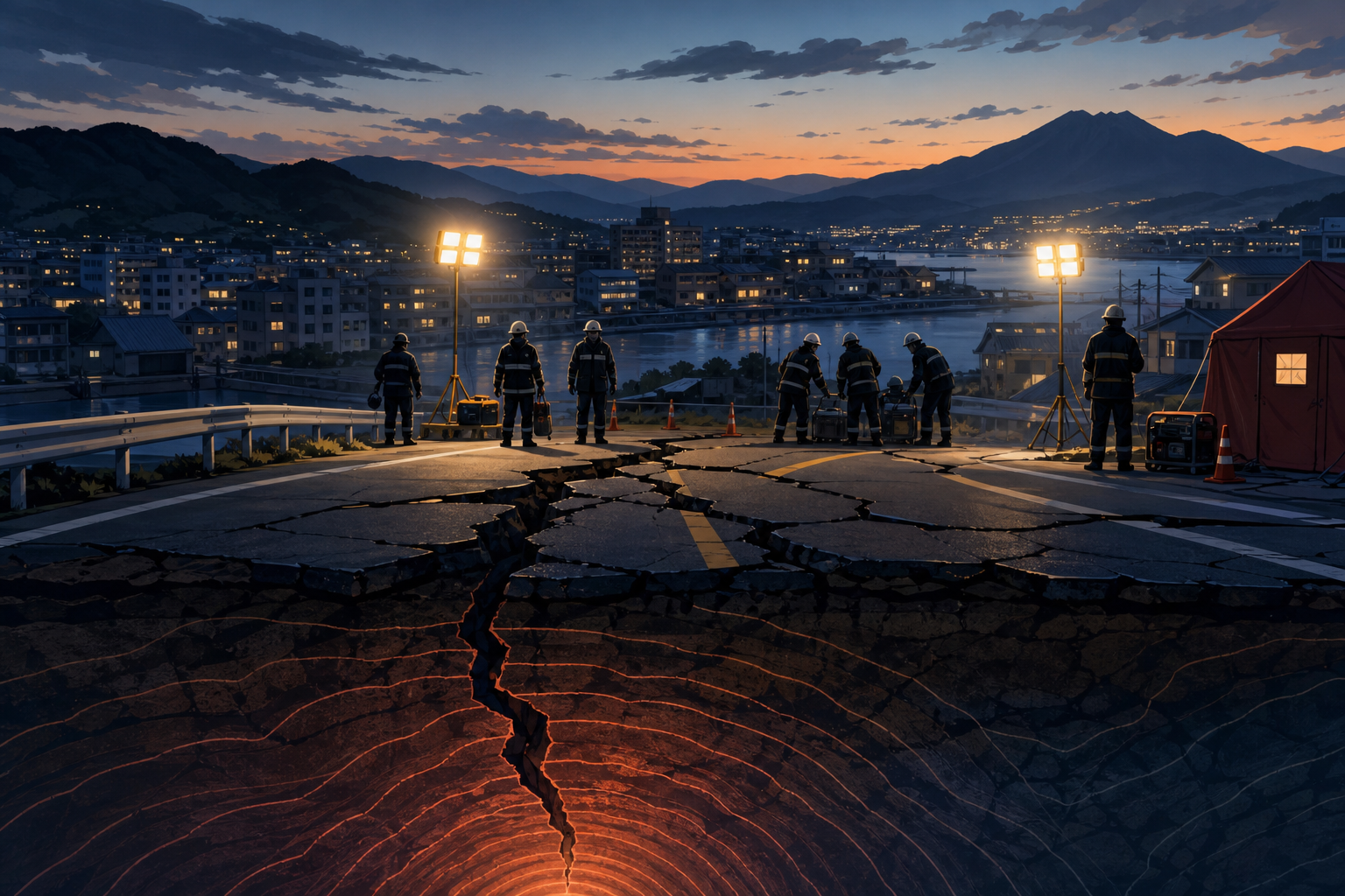 Editorial illustration of earthquake rescue lights and seismic waves beneath a city in southwestern Japan