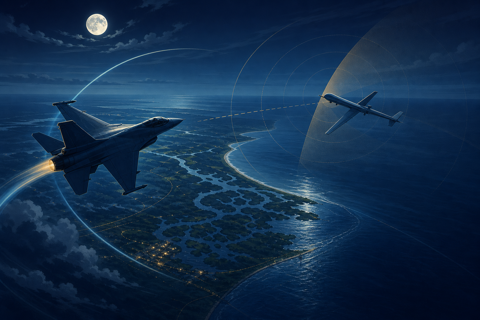 Editorial illustration of a fighter jet tracking a drone above the Black Sea and Danube delta