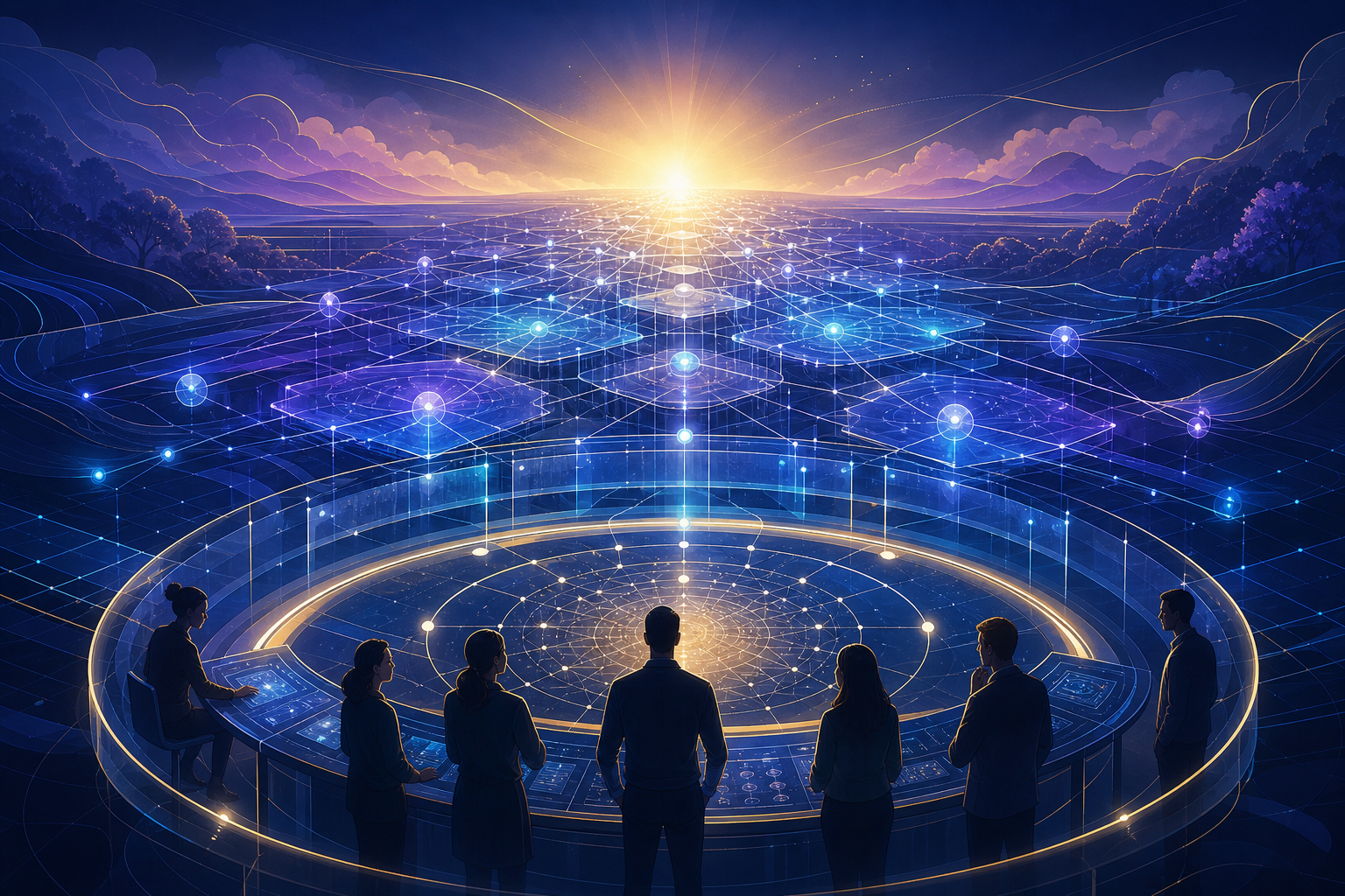 Editorial illustration of researchers coordinating around a luminous global AI network and oversight console