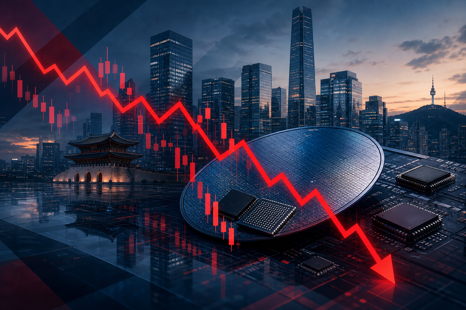 Editorial illustration of a falling South Korean stock chart reflected across semiconductor wafers and the Seoul skyline