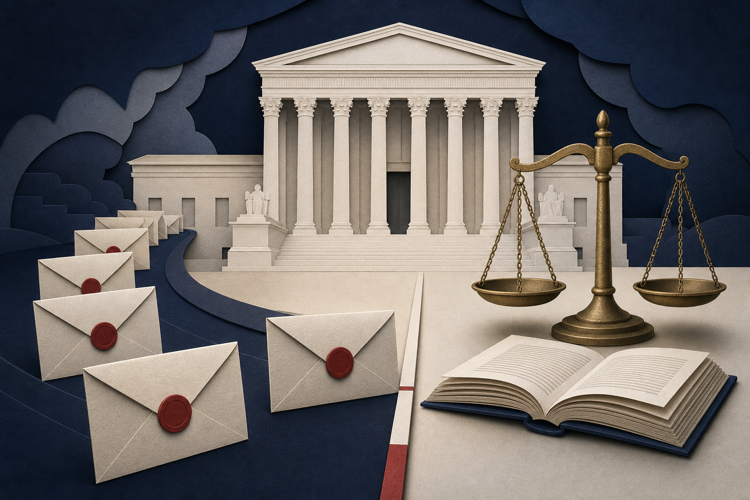 Editorial paper-cut illustration of the US Supreme Court with sealed ballot envelopes, a balance scale and an open law book