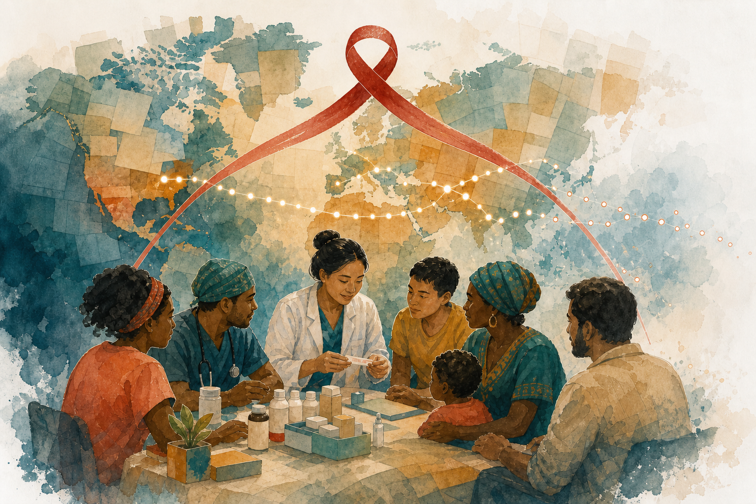 Watercolour editorial illustration of a diverse community clinic team beneath a red HIV-awareness ribbon and world map
