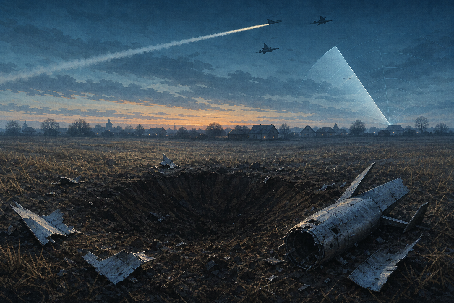 Editorial illustration of a cruise missile crossing into Poland as NATO aircraft respond over rural farmland