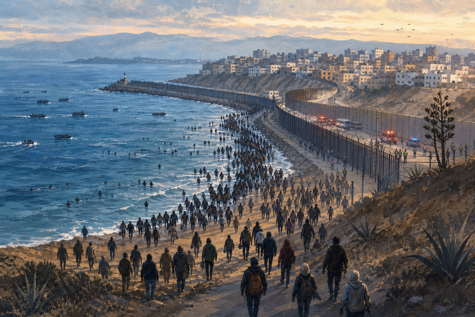 Editorial illustration of crowds approaching the coastal border between Morocco and Spain's Ceuta enclave