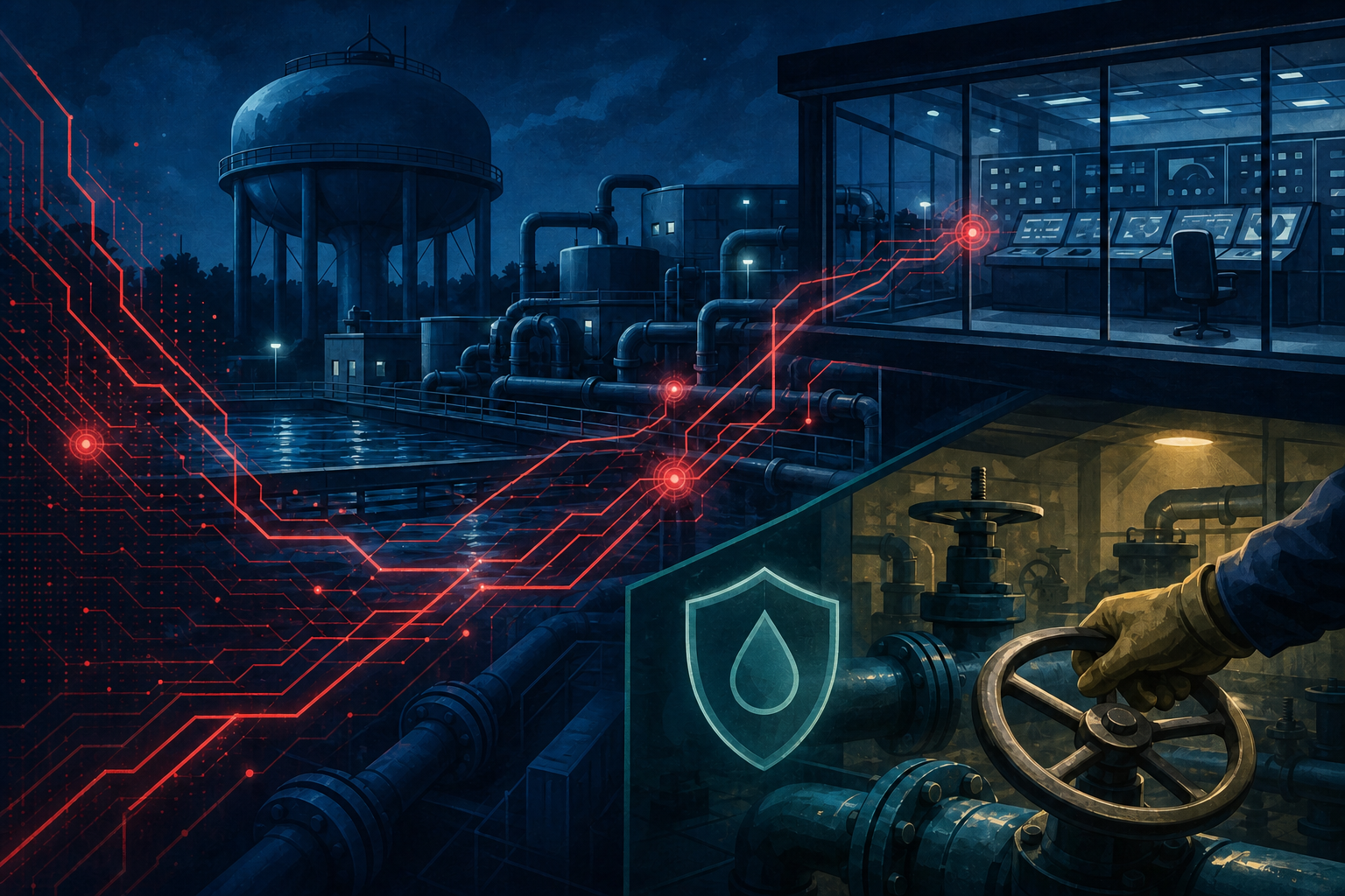 Editorial illustration of digital intrusion paths crossing a municipal water plant while an operator uses a manual valve
