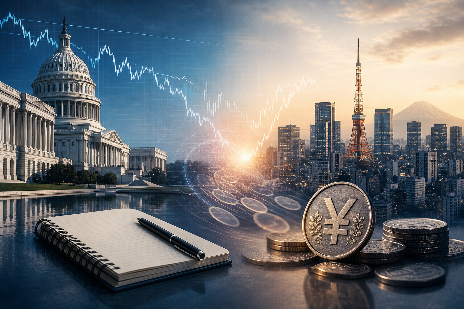 Editorial illustration linking Washington and Tokyo with yen coins and stabilising currency-market lines