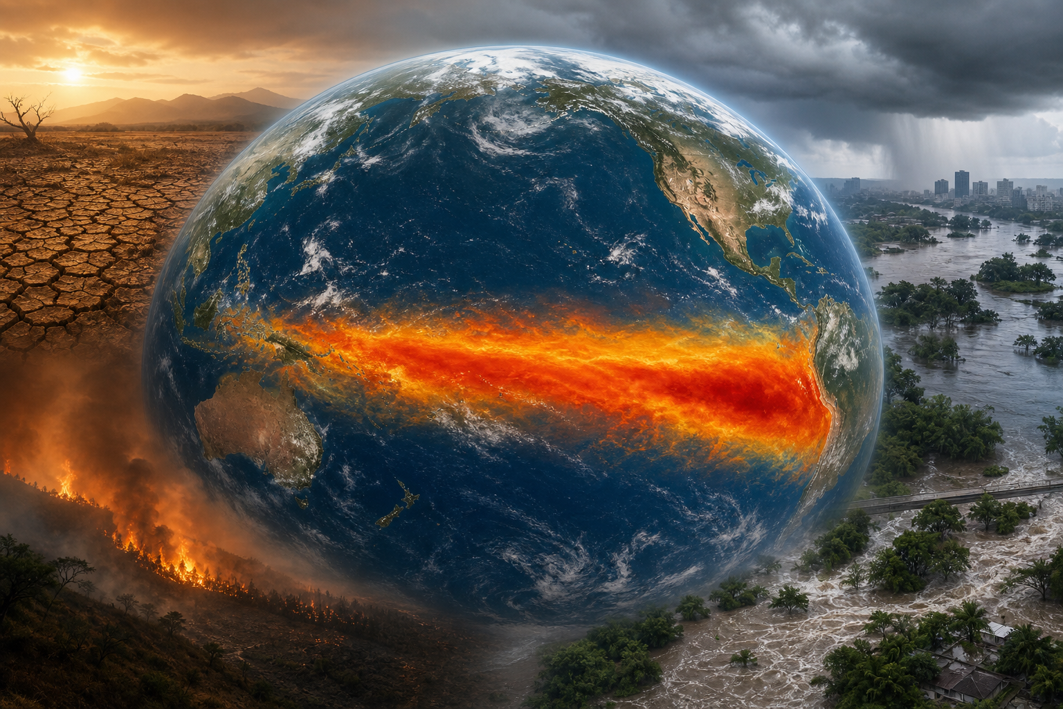 Editorial satellite-style illustration of Pacific warming between regions facing drought and flooding