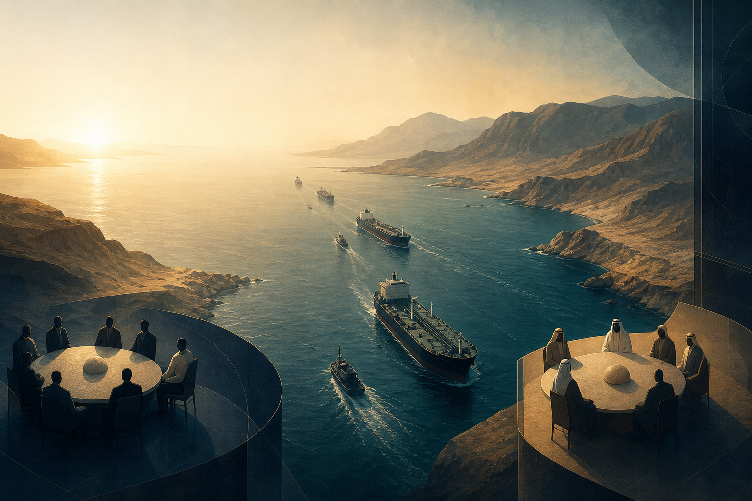 Editorial illustration of oil tankers passing through the Strait of Hormuz between two groups of negotiators