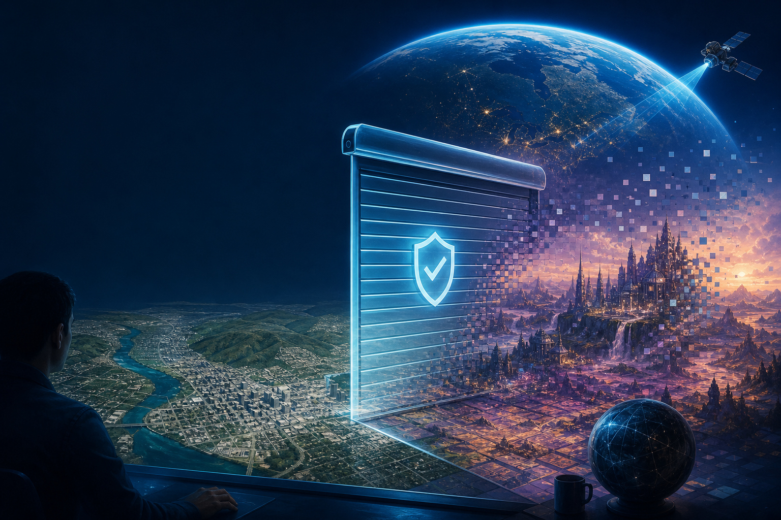Editorial illustration of a digital globe split between reliable terrain and an AI-generated fantasy behind a safety barrier