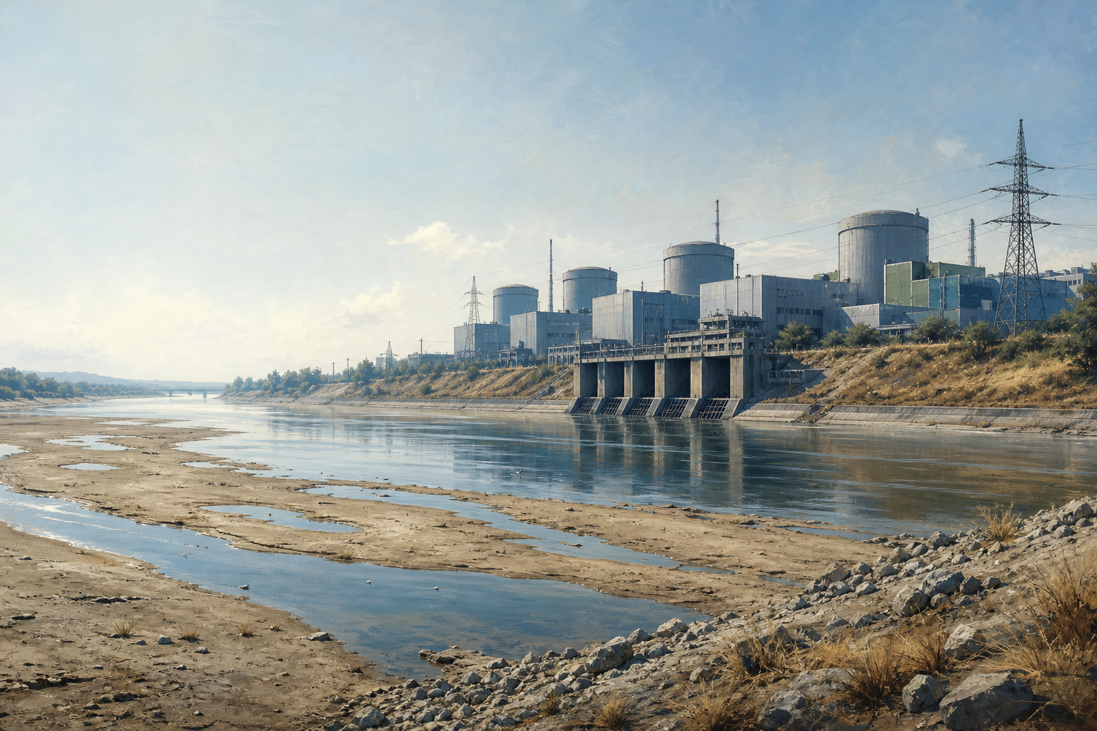 Editorial illustration of Hungary's Paks nuclear power station beside an unusually low Danube River
