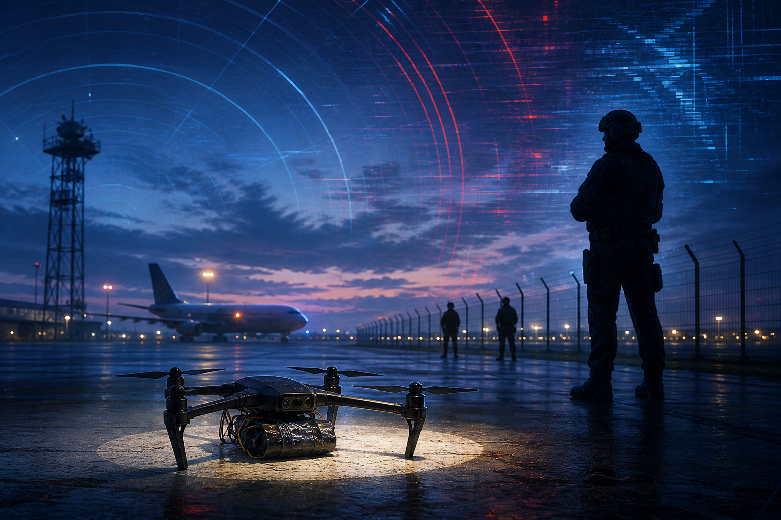Editorial illustration of an explosive drone isolated by security personnel at a European cargo airport