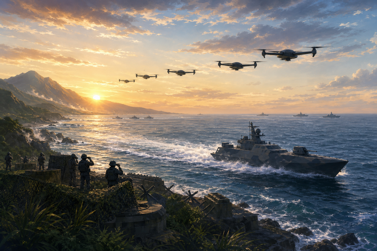 Editorial illustration of a Taiwan coastal defense exercise with a missile boat and low-flying drones