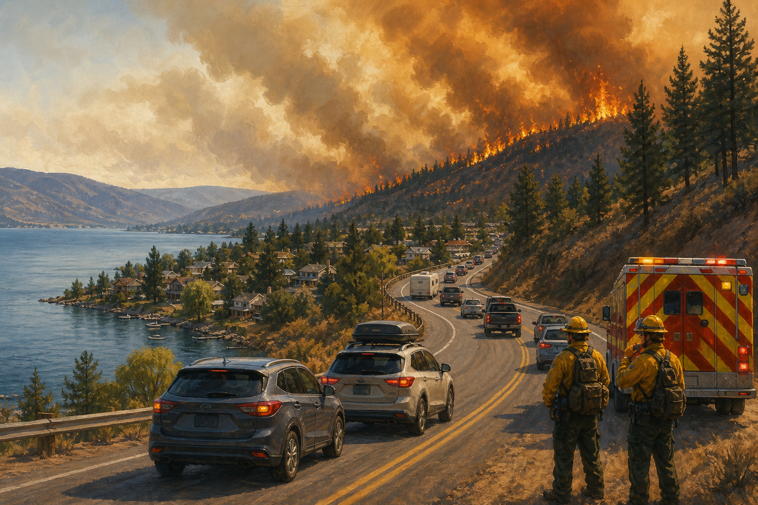 Editorial illustration of wildfire evacuations beside a lake in British Columbia's Okanagan region