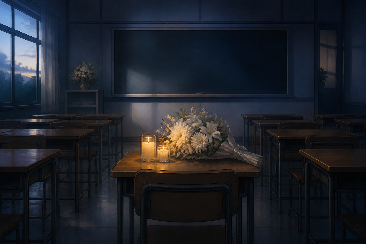 Editorial illustration of flowers and candles on a desk in an empty classroom after dusk