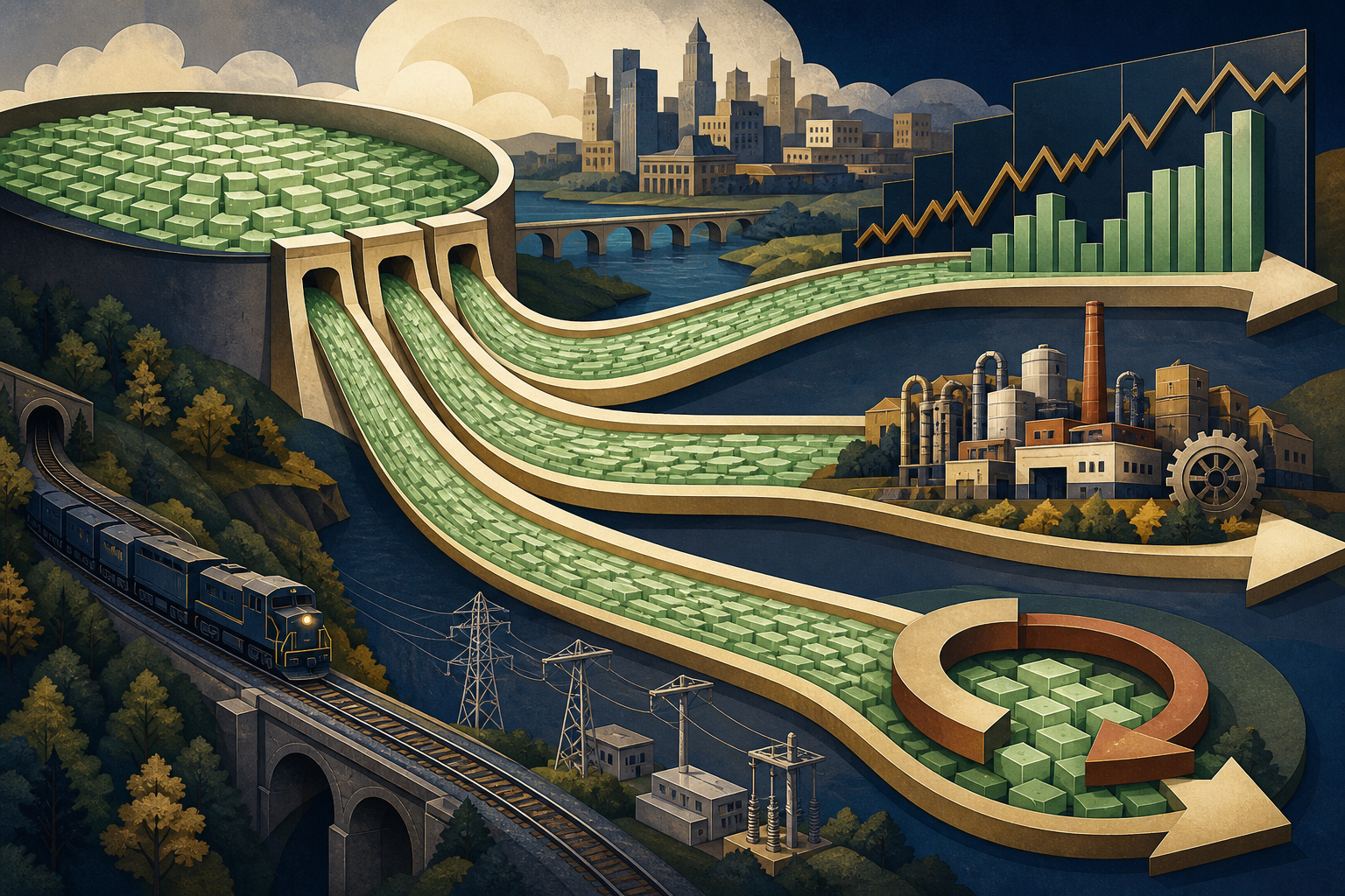 Editorial illustration of a large corporate cash reserve flowing toward stocks, factories, railroads and share repurchases