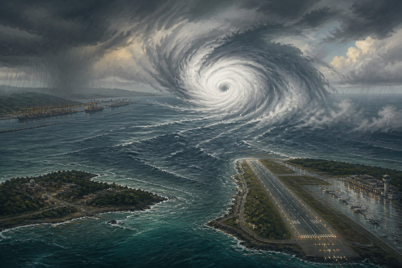 Editorial illustration of Typhoon Dolphin over the East China Sea between Okinawa and China's coast