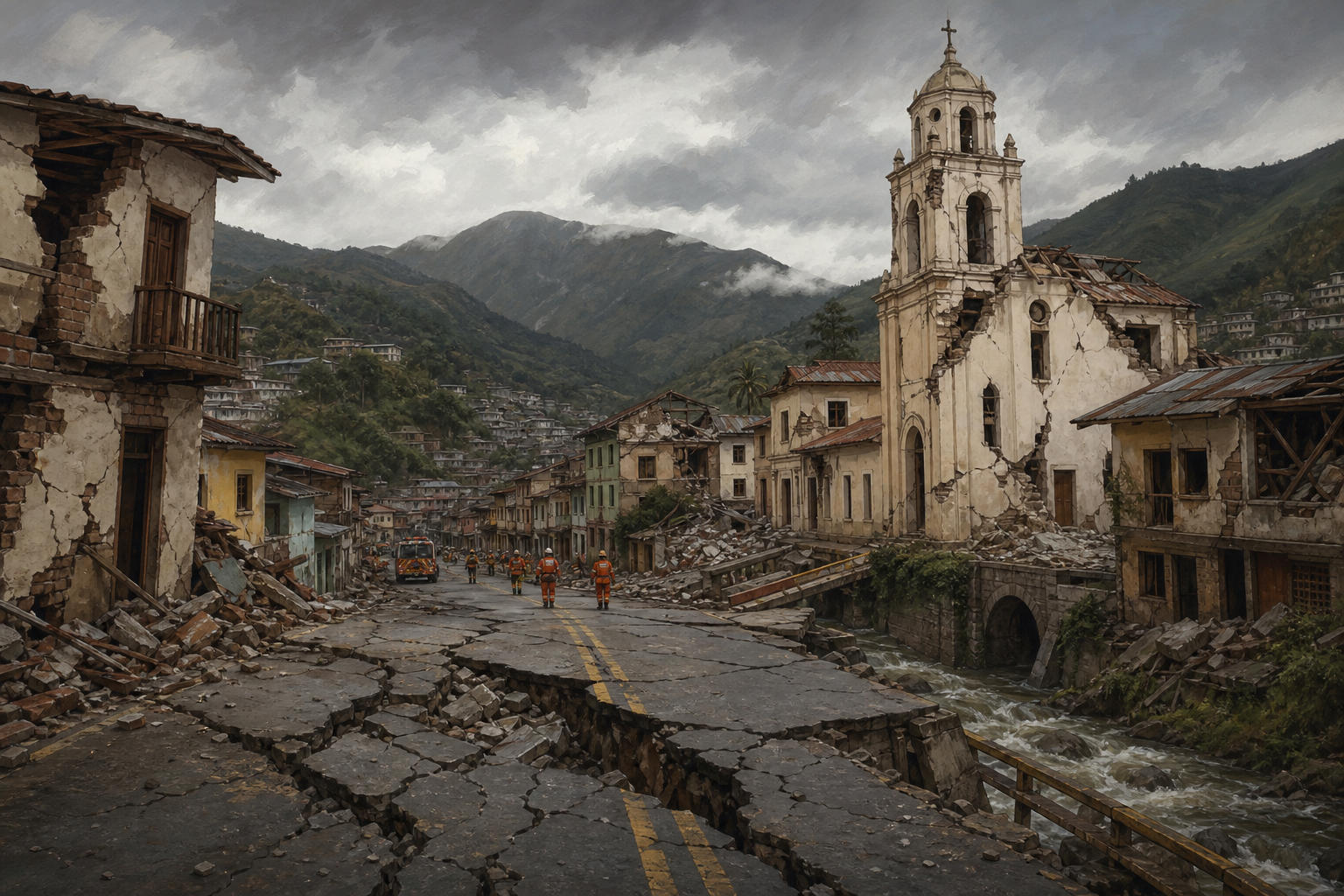 Editorial illustration of rescue teams searching earthquake-damaged buildings in western Colombia, with the Andes in the background