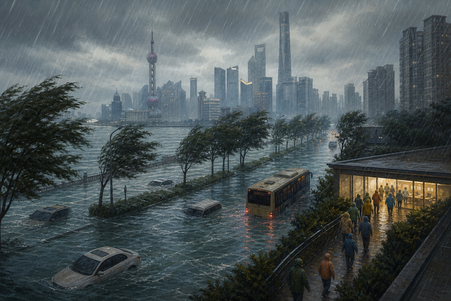 Editorial illustration of flooded streets, an evacuation bus and shelter lights under Typhoon Dolphin in eastern China