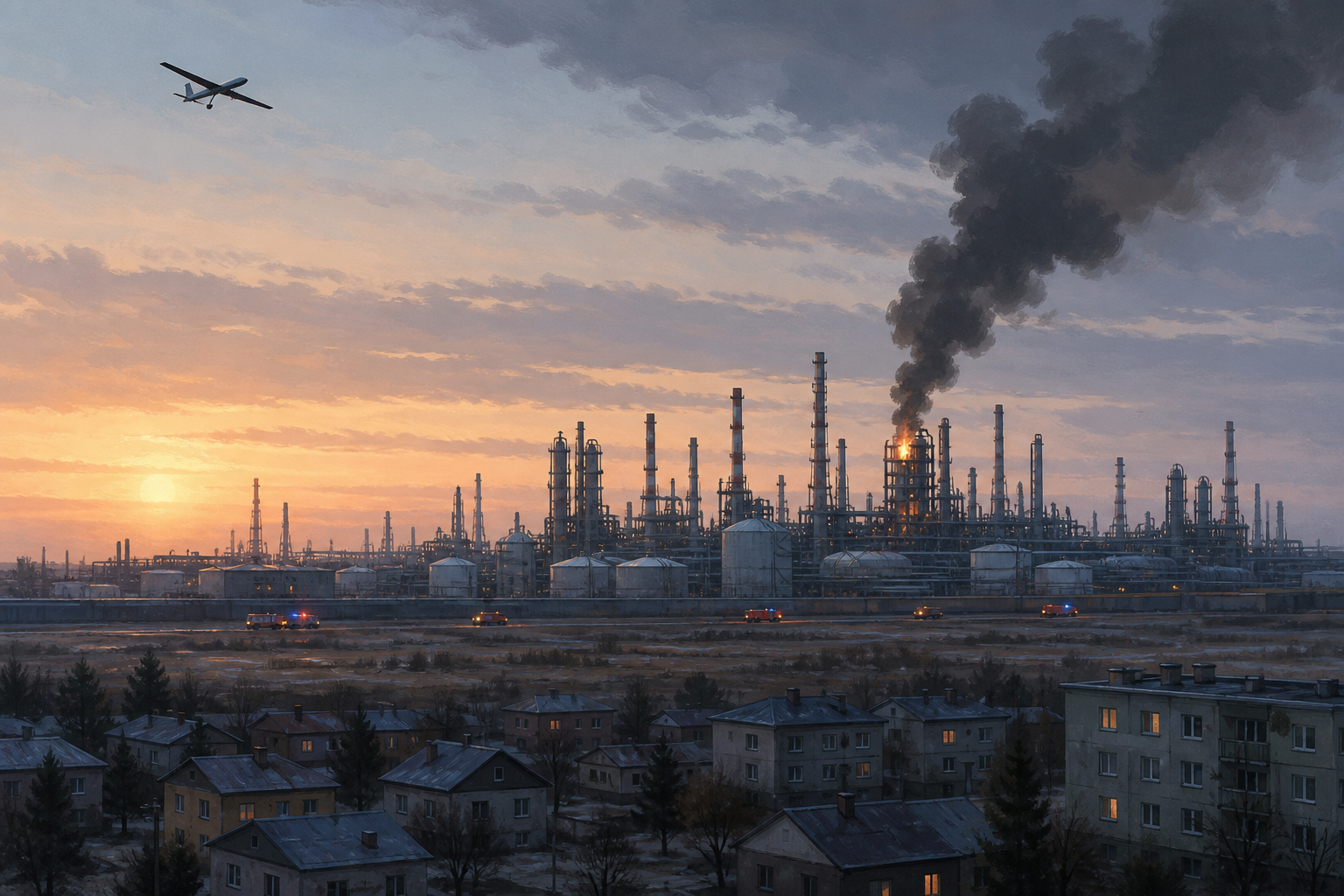 Editorial illustration of a drone above a smoking oil refinery near Nizhnekamsk at dawn, with emergency lights along the perimeter
