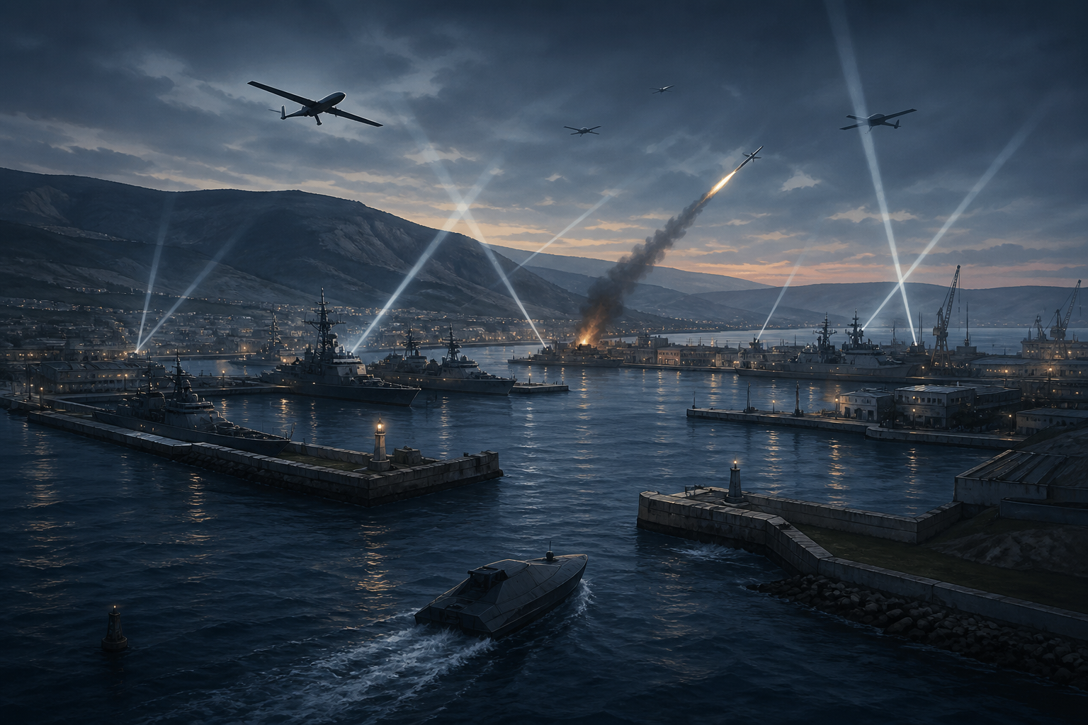 Editorial illustration of drones and an unmanned sea craft approaching the fortified Novorossiysk harbor at dawn