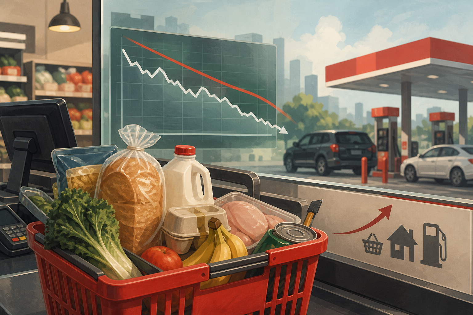 Editorial illustration of a grocery basket, a cooling price chart and a gas station representing U.S. inflation