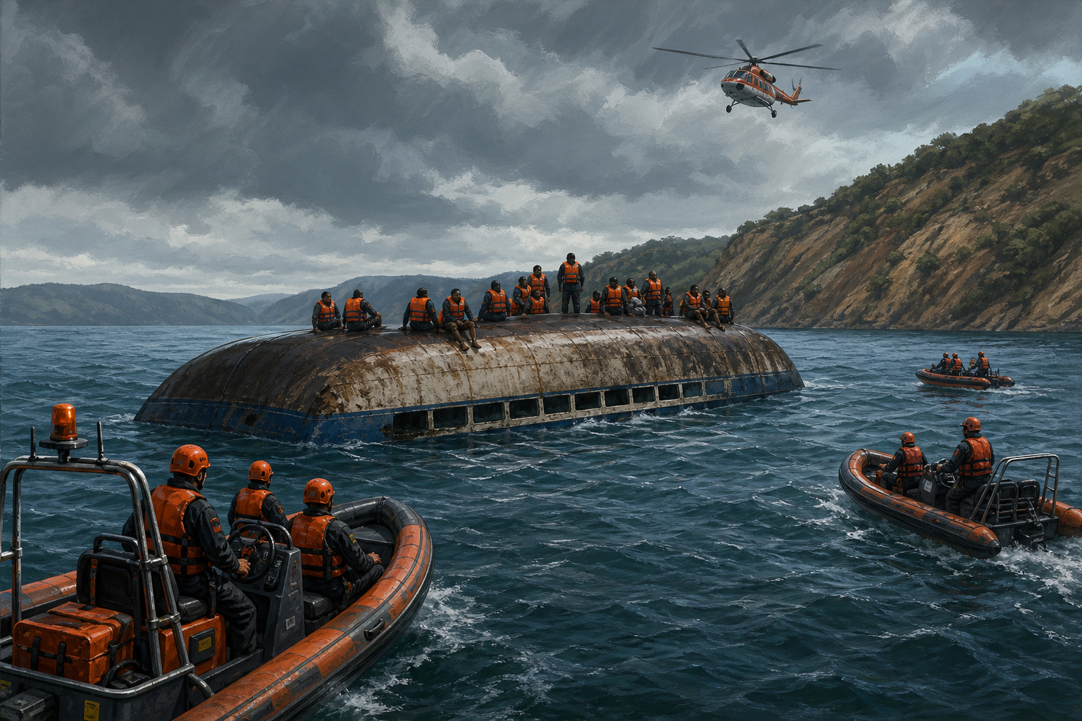 Editorial illustration of survivors in life jackets on an overturned Lake Kariba ferry as rescue boats approach