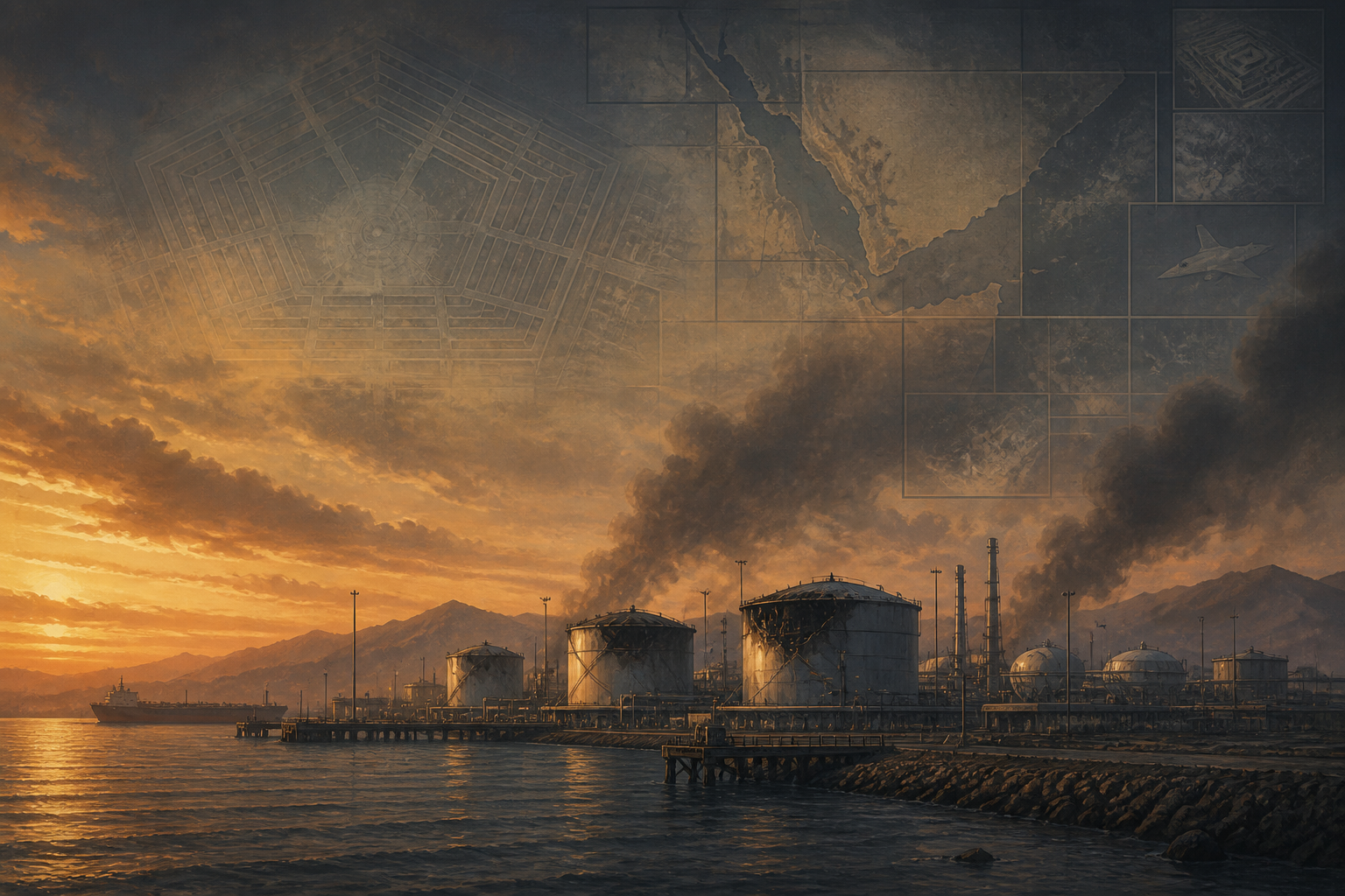Editorial illustration of smoke rising from a Red Sea fuel port beneath an abstract military review map