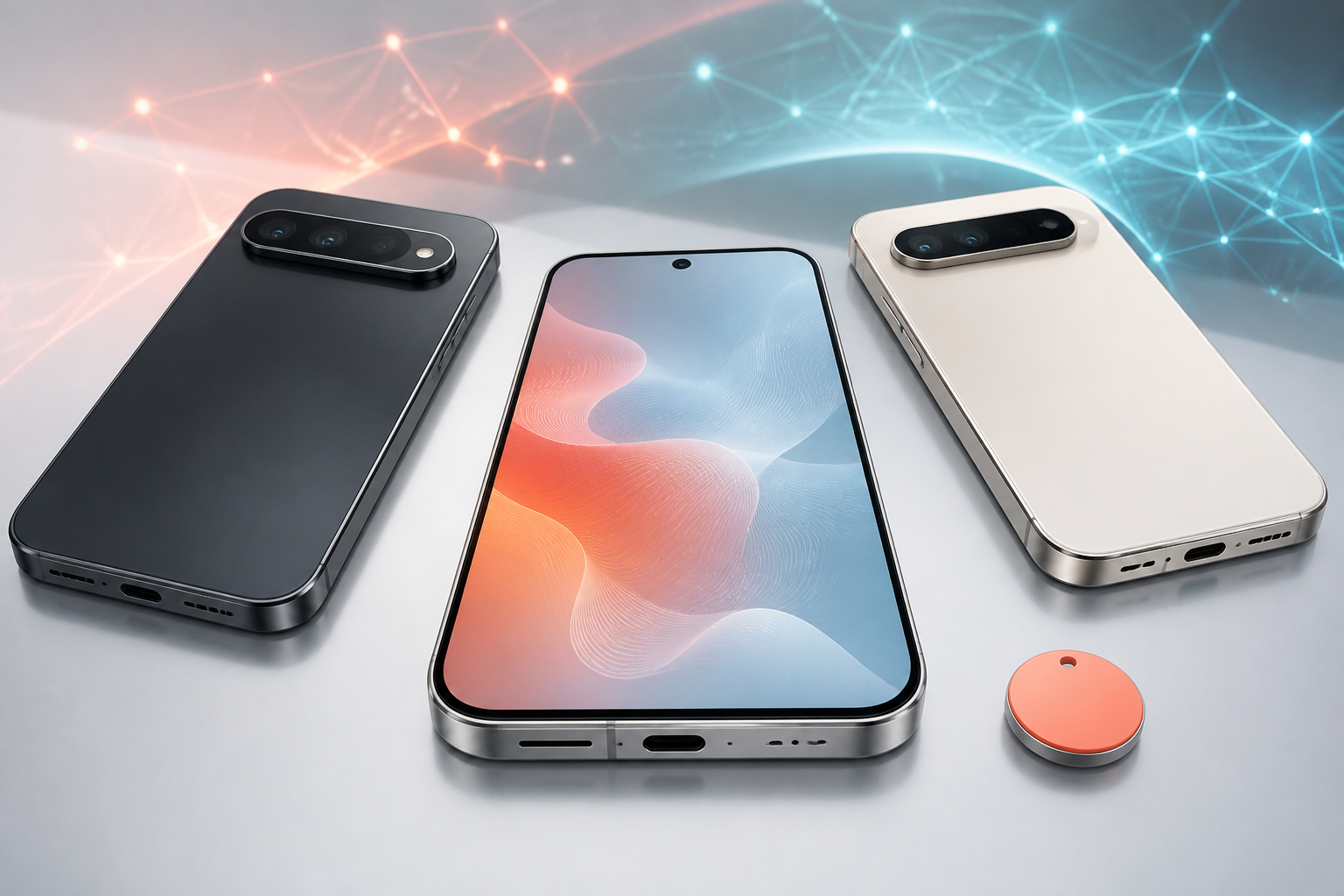 Editorial product illustration of three premium AI-focused smartphones and a round tracking tag